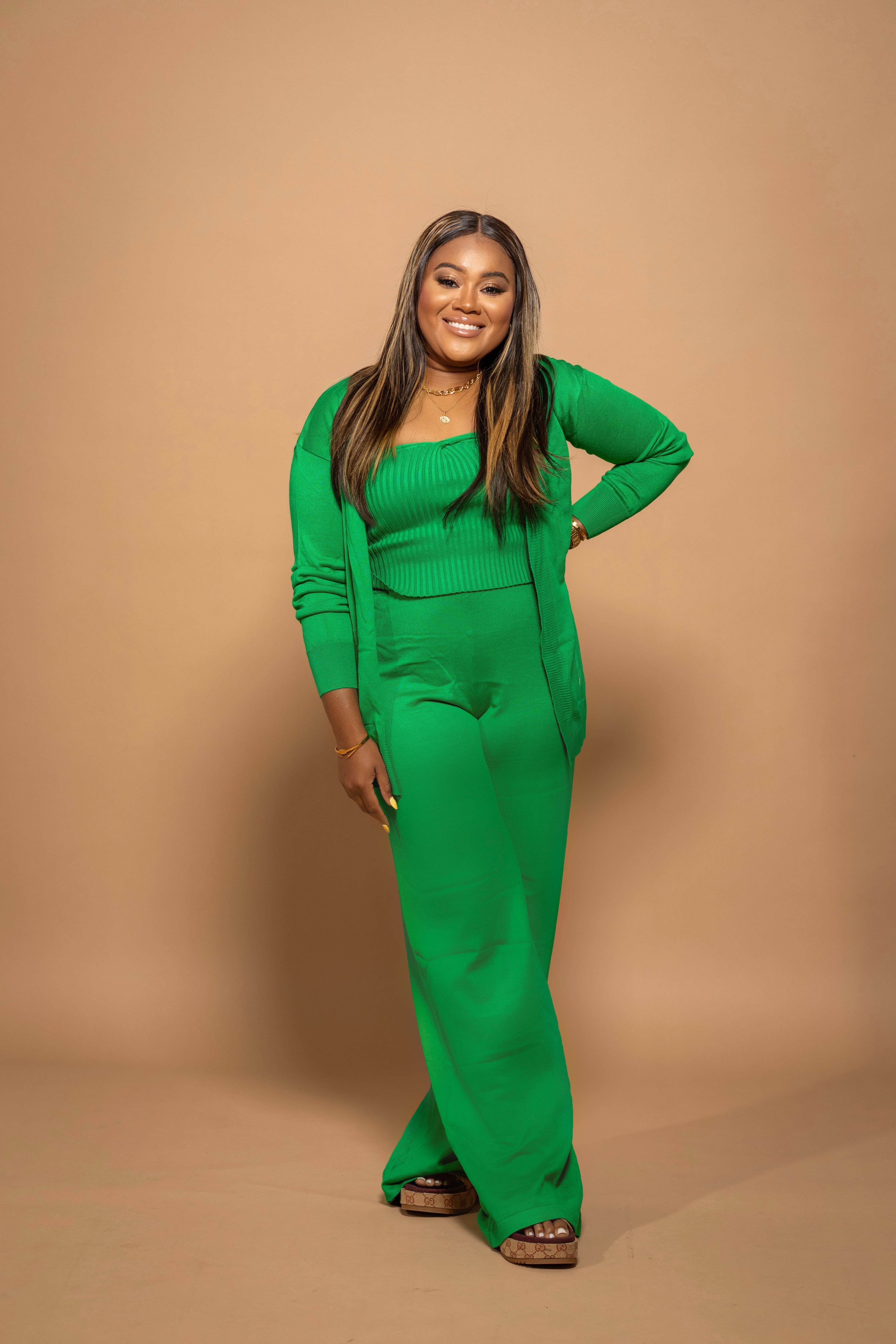 Luxe Knit Lounge Trio – 3-Piece Cardigan, Tube Top & Pant Set (Emerald)