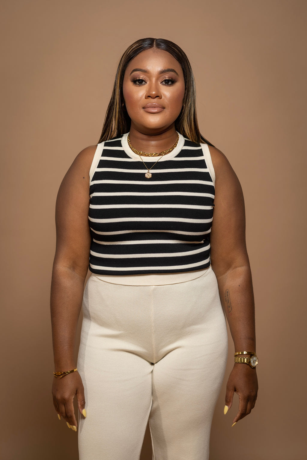 Soft Stripes Knit Tank Set – Sleeveless Top & Pant Duo (Black /White)