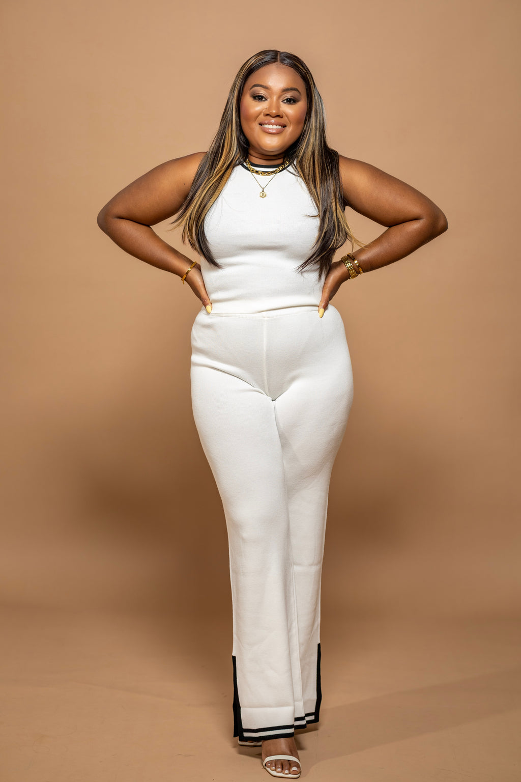 Parisian Trim Knit Set – Sleeveless Contrast Top & Pants (White/Black)