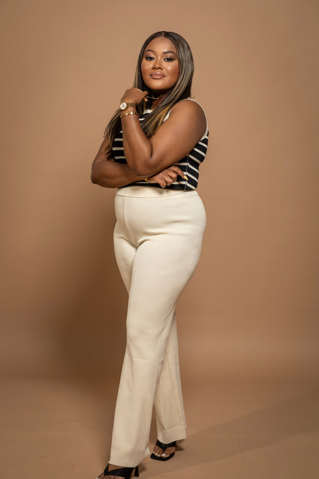 Soft Stripes Knit Tank Set – Sleeveless Top & Pant Duo (Black /White)