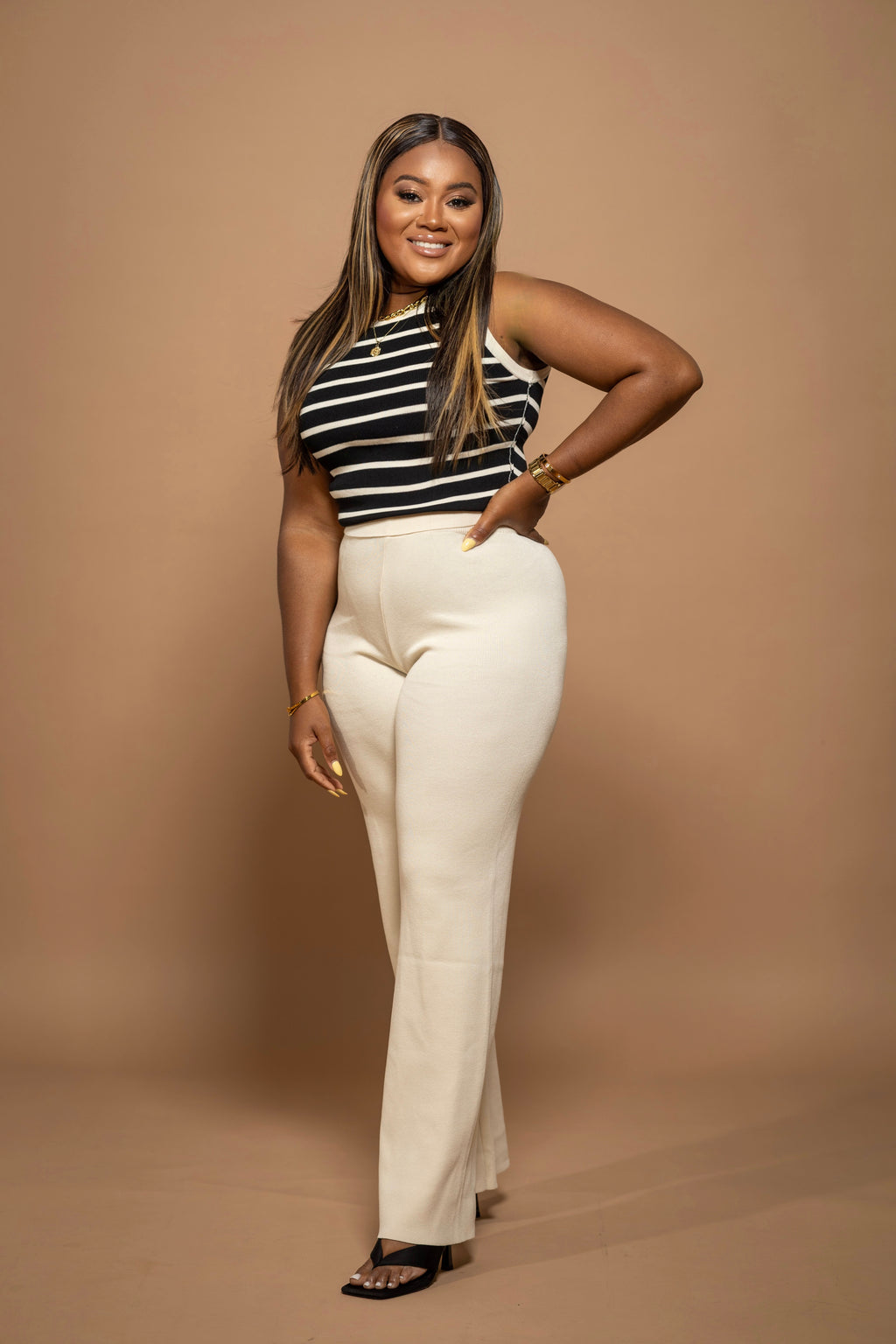 Soft Stripes Knit Tank Set – Sleeveless Top & Pant Duo (Black /White)